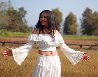 Cotton Boho Crop Top: Bell Sleeve, Off-Shoulder Blouse