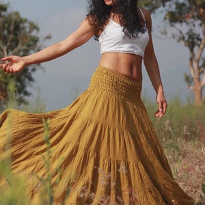 Boho Skirt / Maxi / Long / Modest / Full Length/ Colour Natural Cotton/ Boho / Tiered /Floaty Mustard Yellow