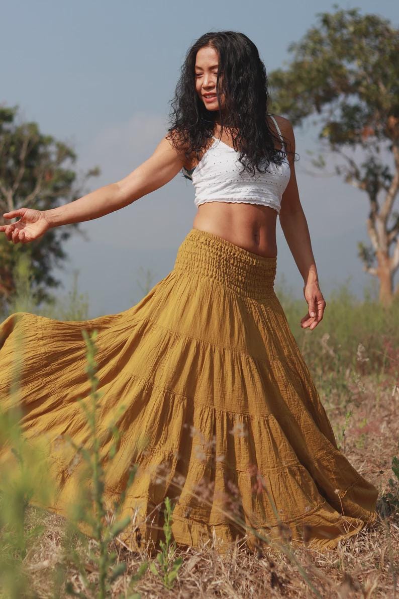 Boho Skirt / Maxi / Long / Modest / Full Length/ Colour Natural Cotton/ Boho / Tiered /Floaty Mustard Yellow