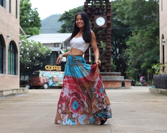 Falda larga tie dye: cintura fruncida estilo bohemio, algodón escalonado