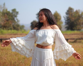 Cotton Boho Crop Top: Ruffle Bell Sleeve Blouse