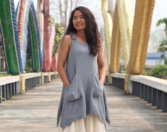 Oversized Cotton Sleeveless Dress: Light Blue Gray Boho Tunic