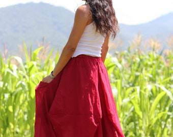 Red Cotton Maxi Skirt: Boho Long Skirt with Pockets / Light/ Funky