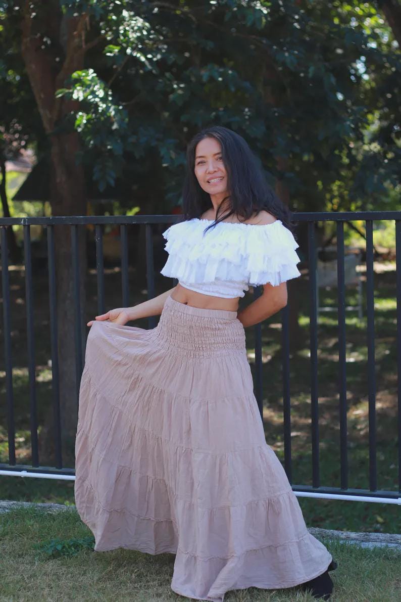 Boho Skirt / Maxi / Long / Modest / Full Length/ Colour Natural Cotton/ Boho / Tiered /Floaty Baby Pink