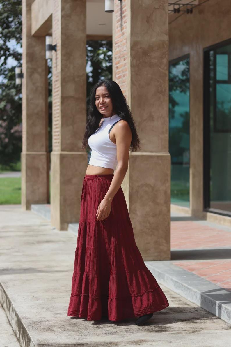 Maxirock aus natürlicher Baumwolle, 5-stufiger Boho-Rock Red