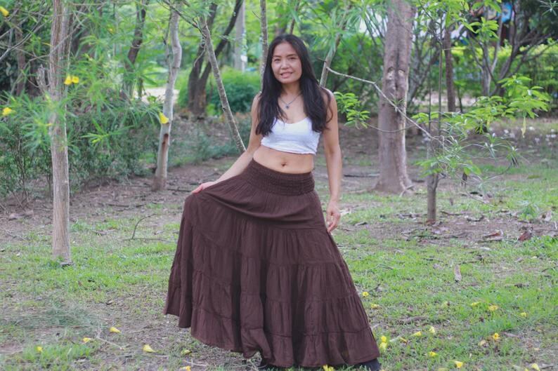 Boho Skirt / Maxi / Long / Modest / Full Length/ Colour Natural Cotton/ Boho / Tiered /Floaty Chocolate Brown