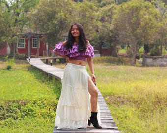 Boho Maxi Skirt: Raw Cotton Ruffle Skirt with Split