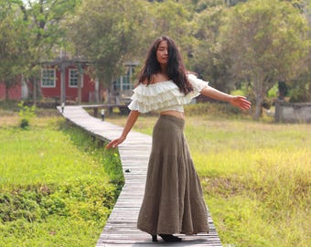 Brown Boho Maxi Skirt: Double Fabric Peasant Style