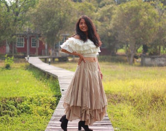 Boho Skirt / Long / Pixie  / Maxi Skirt /Cotton  /Asymmetrical / Colour Sandy Brown/Modest