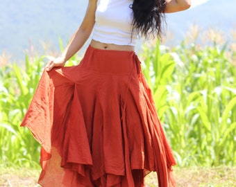Pixie Burnt Orange Boho Cotton Skirt, Asymmetrical Maxi Skirt
