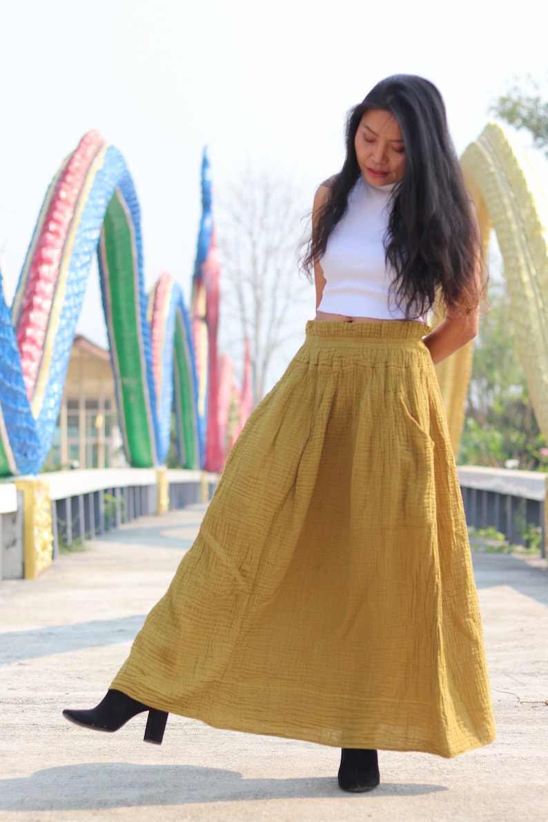 Modest Skirt Full Length Skirt Gauze Cotton Skirt Long Skirt Color Mustard Wrinkled Cotton Skirt Maxi Skirt Long Boho Skirt