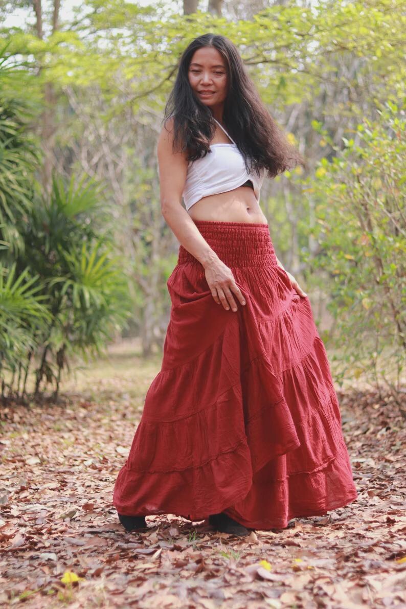 Boho Skirt / Maxi / Long / Modest / Full Length/ Colour Natural Cotton/ Boho / Tiered /Floaty Red