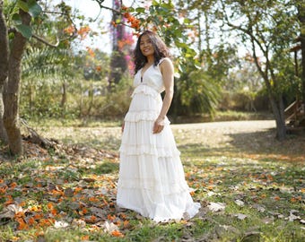 Boho Maxi Dress/ Wedding / Gown/ Crochet Trim/ Off-White / Natural Cotton /Tiered/Bridal
