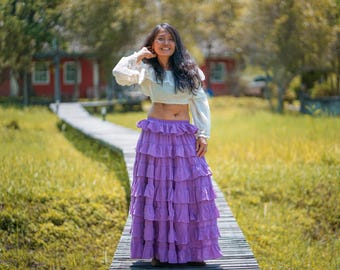 Boho Maxi Skirt /Lavender Bohemian Wedding/Ruffled Cotton / Tiered