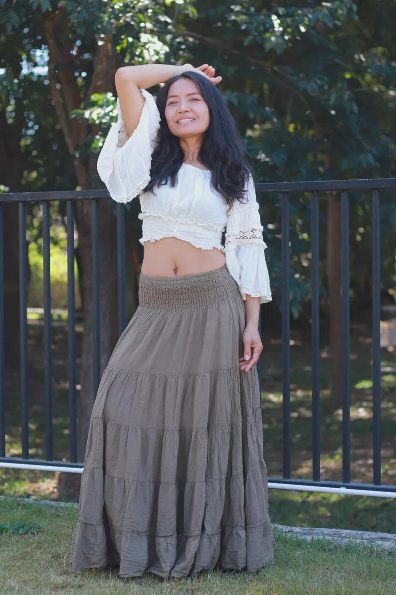 Boho Skirt / Maxi / Long / Modest / Full Length/ Colour Natural Cotton/ Boho / Tiered /Floaty Brown