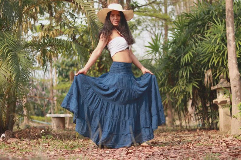 Boho Skirt / Maxi / Long / Modest / Full Length/ Colour Natural Cotton/ Boho / Tiered /Floaty Blue