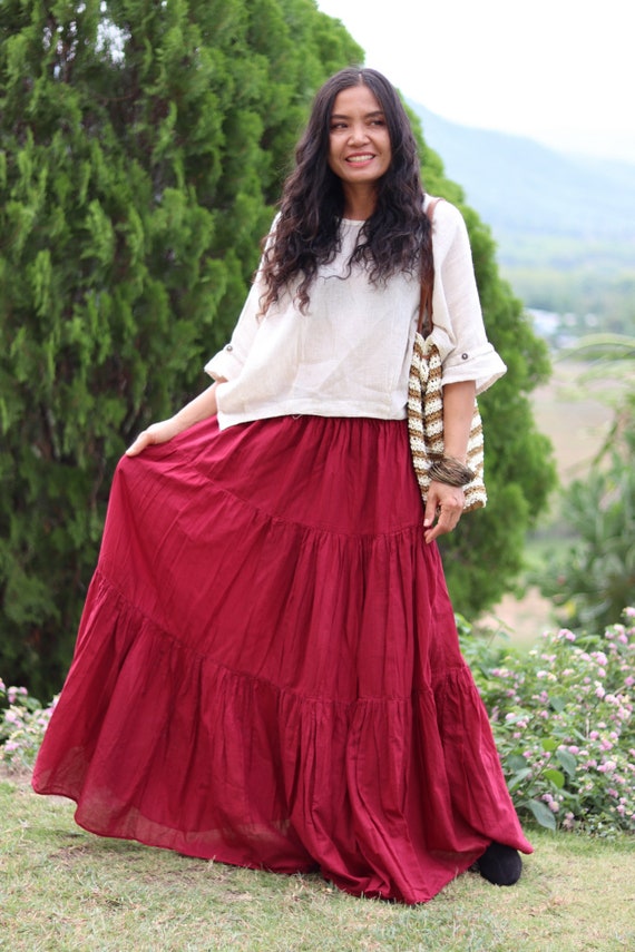 Long Skirt Boho Skirt Maxi Skirt Deep Red Skirt Full Length Skirt Cotton Skirt Tiered Skirt Modest Skirt Soft and Floaty Long Skirt Boho Skirt Maxi Skirt Deep Red Skirt Full Length Skirt Cotton Skirt Tiered Skirt Modest Skirt Soft and Floaty