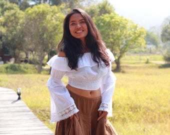 White Cotton Cropped Top: Boho Bell Sleeve Blouse