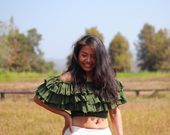 Cotton Ruffle Cropped Top: Dark Olive Green Boho Blouse