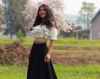 Black Cotton Maxi Skirt: 3-Tiered Smock Waist Boho Skirt
