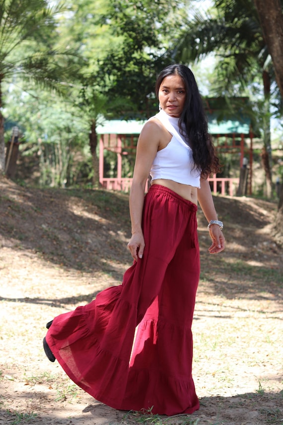 Red Cotton Flared Palazzo Pants: Boho Bell Bottom Festival Pants