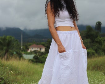 White Cotton Boho Skirt: Funky Maxi Skirt, XS-XL