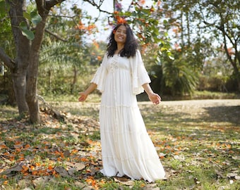 Boho Maxi Dress/ Wedding / Gown/ Crochet Trim/ Off-White / Natural Cotton /Tiered/Bridal