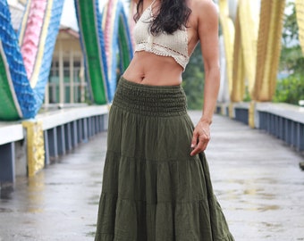 Dark Olive Green Cotton Maxi Skirt, Smocked Waist Boho Tiered Skirt
