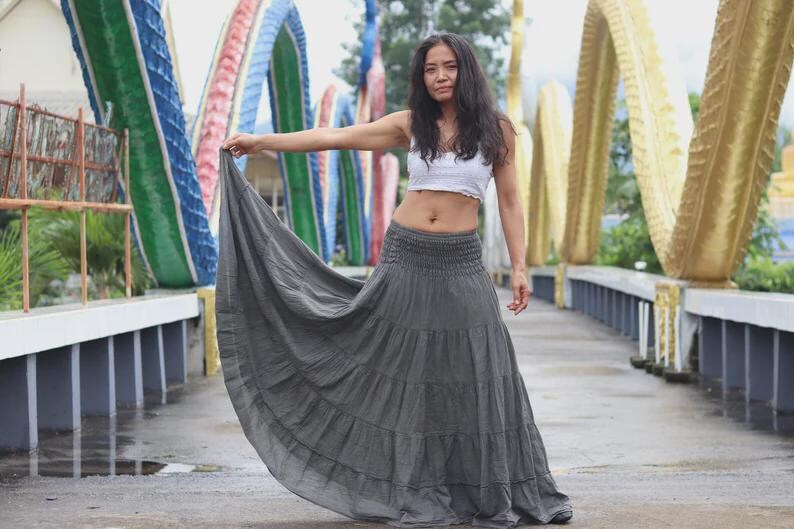 Boho Skirt / Maxi / Long / Modest / Full Length/ Colour Natural Cotton/ Boho / Tiered /Floaty Dark Gray