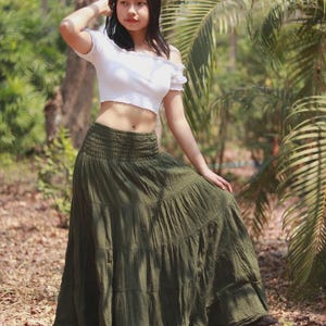 Boho Skirt / Maxi / Long / Modest / Full Length/ Colour Natural Cotton/ Boho / Tiered /Floaty Dark Olive Green
