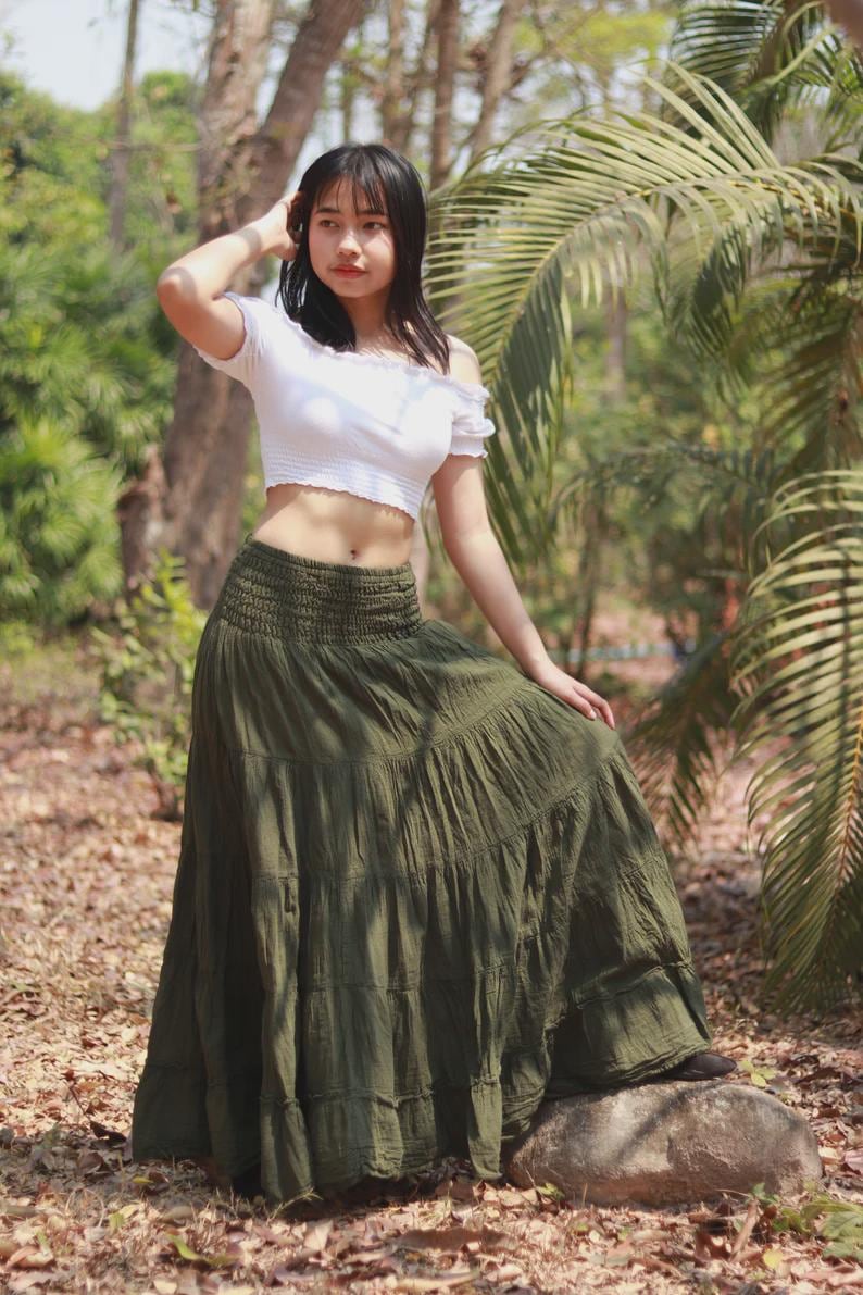 Boho Skirt / Maxi / Long / Modest / Full Length/ Colour Natural Cotton/ Boho / Tiered /Floaty Dark Olive Green