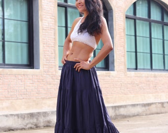 Celeste Navy Blue Tiered Maxi Skirt With Pockets - Sustainable