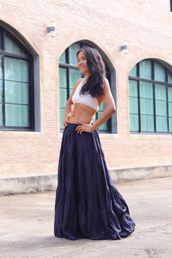 Dark Blue Cotton Maxi Skirt: Tiered Boho Style - Etsy