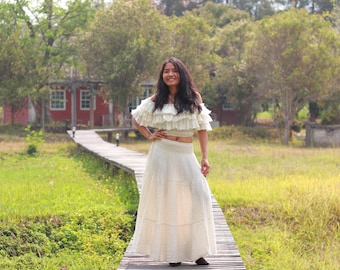 Natural Cotton Long Boho Skirt: Tiered Peasant Style