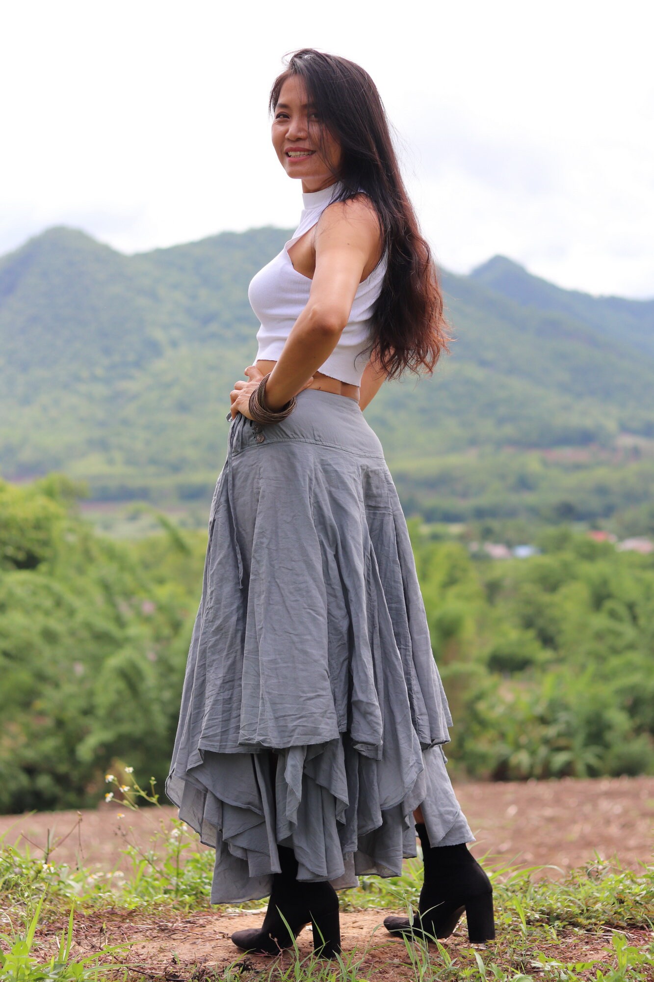 Boho chic long denim skirt