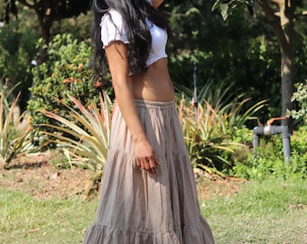 Sandy Brown Cotton Maxi Skirt: Tiered Boho Long Skirt