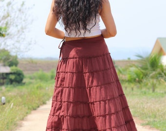 Long Skirt / Boho Skirt / Maxi Skirt / Color Wine Red/ Full Length Skirt / Cotton Skirt / Tiered Skirt / Modest Skirt /Soft and Floaty