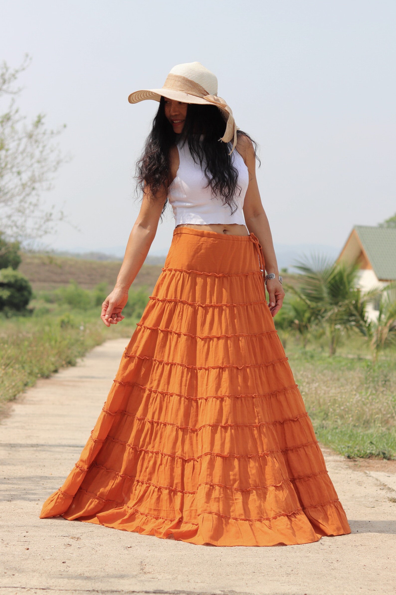 Long Skirt / Boho Skirt / Maxi Skirt / Burnt Orange Skirt / Etsy