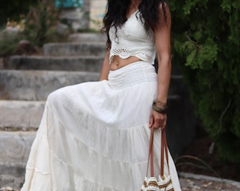 Gauze Tiered Skirt / Maxi Skirt / Long Boho Skirt / Boho Skirt / Full Length Skirt / Cotton Skirt / / Color Natural Cotton Off White