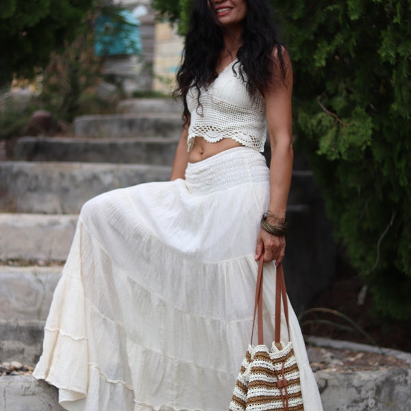 Gauze Tiered Skirt / Maxi Skirt / Long Boho Skirt / Boho Skirt / Full Length Skirt / Cotton Skirt / / Color Natural Cotton Off White