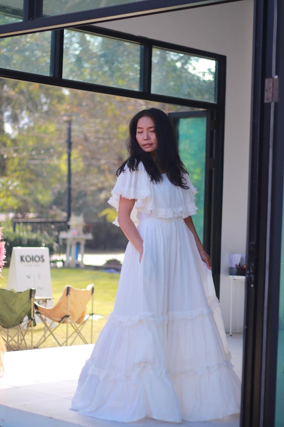ruffle tiered maxi dress off shoulder Evalyn Tiered Ruffle Maxi Dress Shop American Threads Women's Trendy Online Boutique White / L