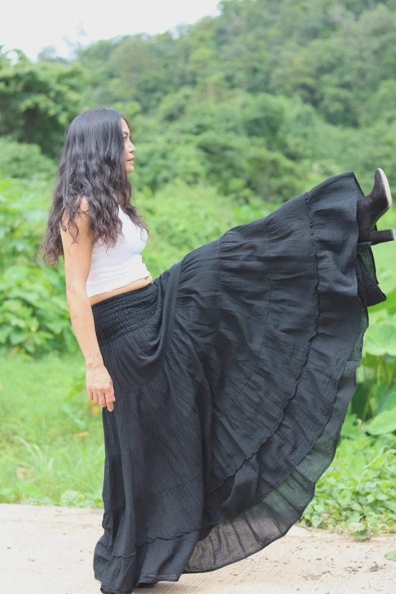 Boho Skirt / Maxi / Long / Modest / Full Length/ Colour Natural Cotton/ Boho / Tiered /Floaty Black