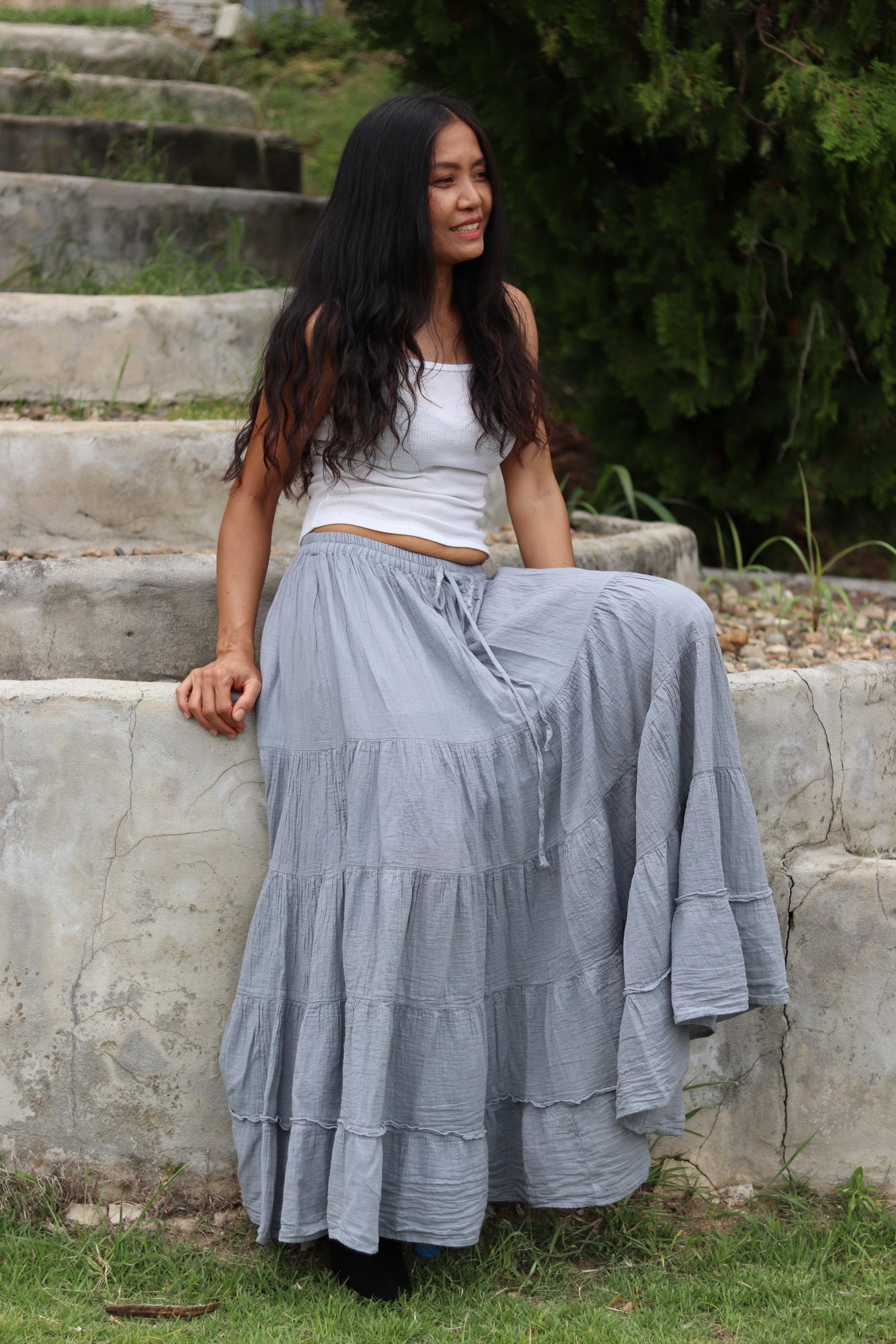 Bohemian Ease: Styling A White Maxi Skirt With Heathered Grey