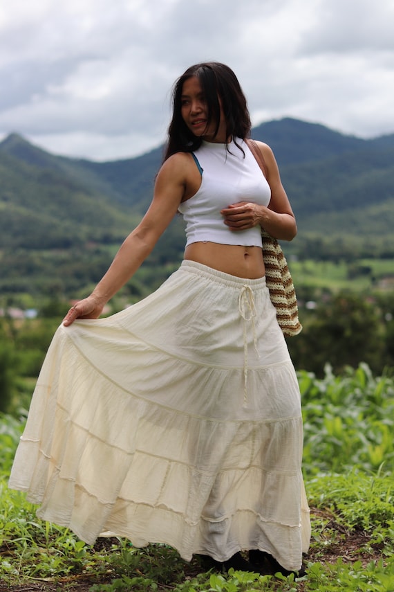 Natural Cotton Maxi Skirt, 5 Tiered Boho Skirt