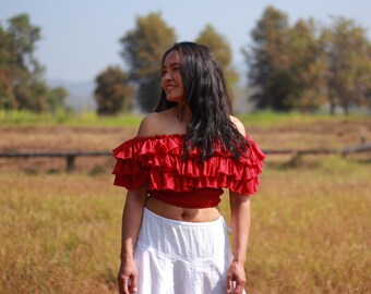 Red Cotton Cropped Blouse: Ruffle Boho Top