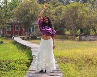 Ruffle Raw Cotton Maxi Skirt: Boho Wedding, Elastic Waist