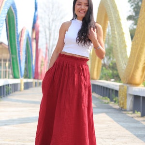 Long Skirt, Long Boho Skirt , Maxi Skirt, Wrinkled Cotton Skirt, Full Length Skirt, Modest Skirt, Color Red , Gauze Cotton Skirt