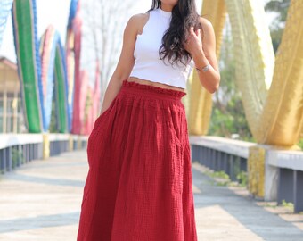 BOHEMSEO☆UNBALANCED DRAPE SKIRT Long Skirt, Long Boho Skirt , Maxi Skirt, Wrinkled Cotton