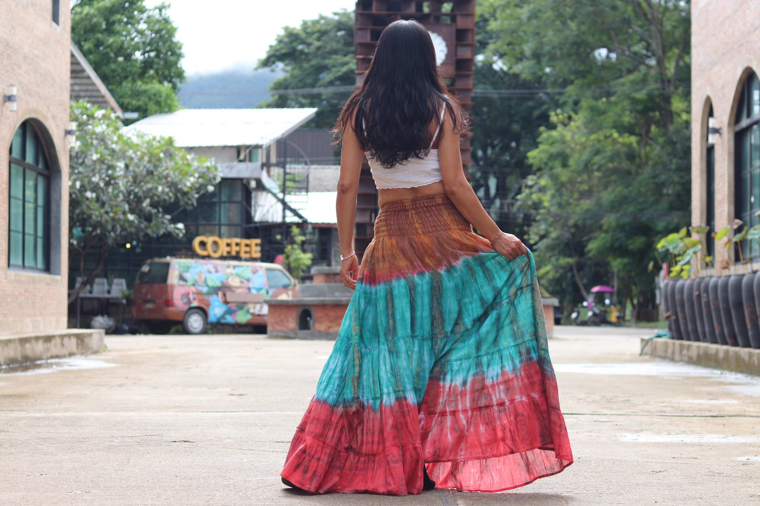 Boho tie dye maxi cheap skirt
