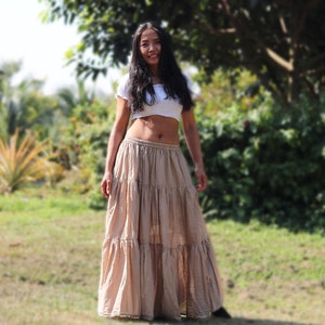 Sandy Brown Cotton Maxi Skirt: Tiered Boho Long Skirt